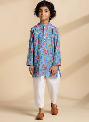Blue printed cotton kurta set 1