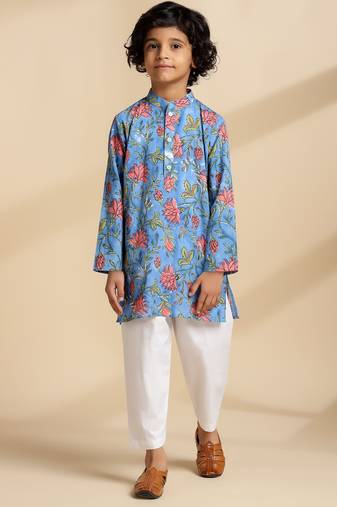 Blue printed cotton kurta set