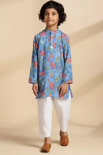 Blue printed cotton kurta set