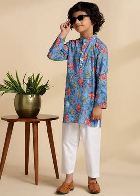Blue printed cotton kurta set 2