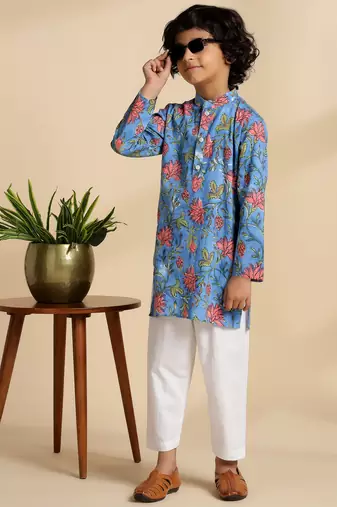Blue printed cotton kurta set