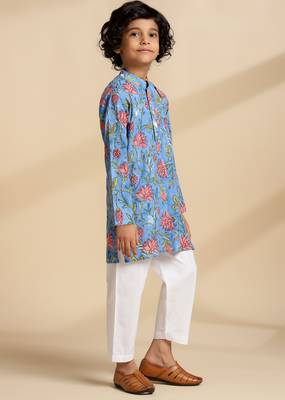Blue printed cotton kurta set 3