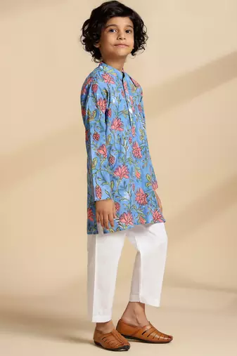 Blue printed cotton kurta set