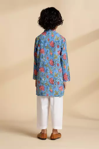 Blue printed cotton kurta set