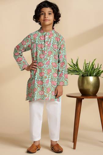 Green printed cotton kurta set