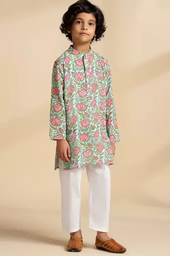 Green printed cotton kurta set