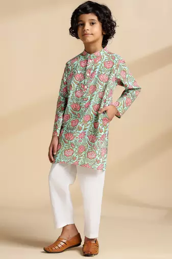 Green printed cotton kurta set