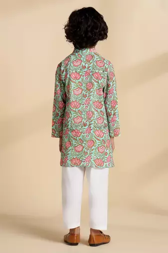 Green printed cotton kurta set