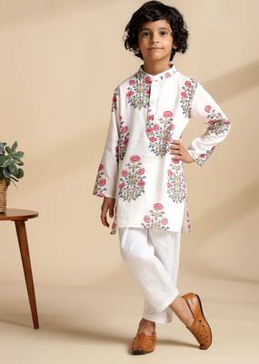 White printed cotton kurta set 1