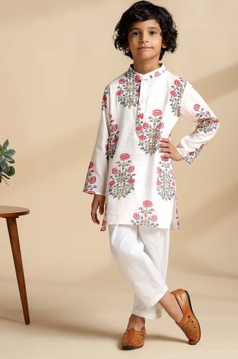 White printed cotton kurta set