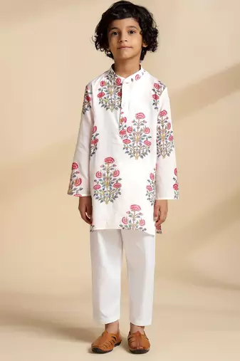White printed cotton kurta set