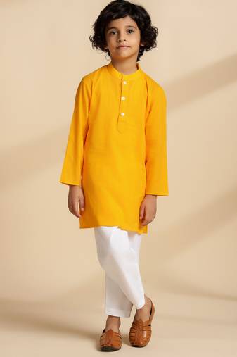 Yellow plain cotton kurta set
