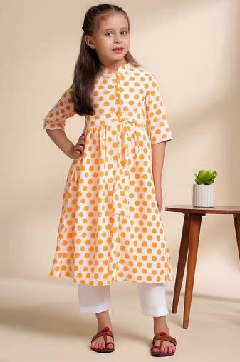 Yellow Polka Dot printed cotton kurta set