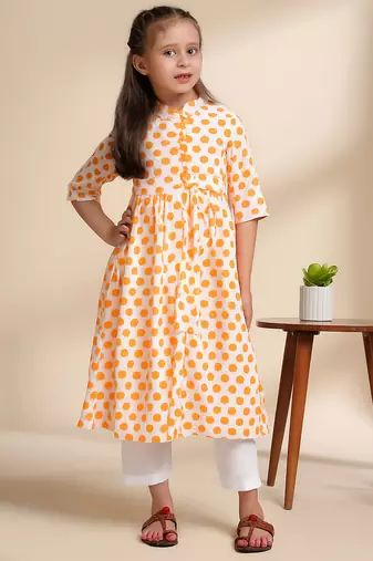 Yellow Polka Dot printed cotton kurta set