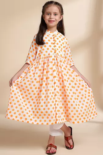 Yellow Polka Dot printed cotton kurta set