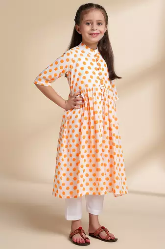 Yellow Polka Dot printed cotton kurta set