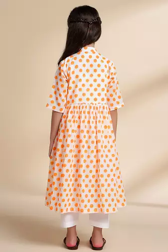 Yellow Polka Dot printed cotton kurta set