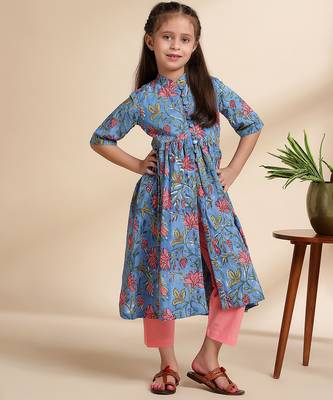 Blue printed cotton kurta set 1