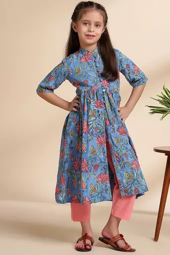 Blue printed cotton kurta set