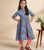 Blue printed cotton kurta set