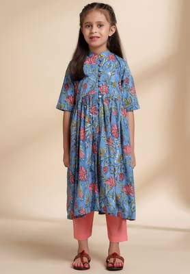 Blue printed cotton kurta set 2