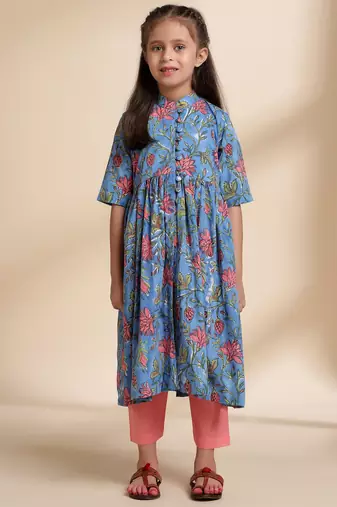 Blue printed cotton kurta set