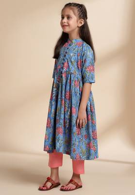 Blue printed cotton kurta set 3