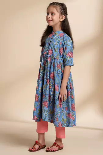 Blue printed cotton kurta set