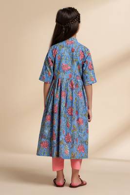 Blue printed cotton kurta set 4