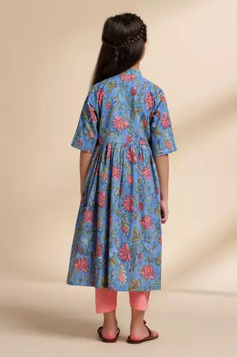 Blue printed cotton kurta set