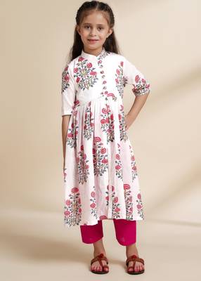 White printed cotton kurta set 1