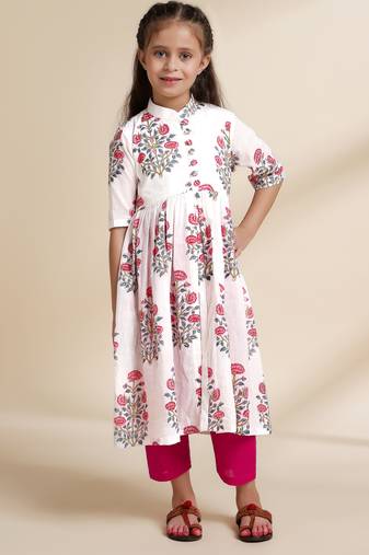 White printed cotton kurta set