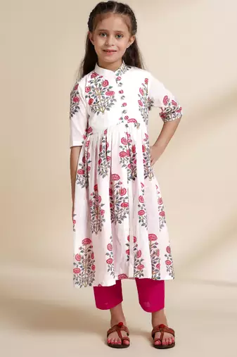 White printed cotton kurta set