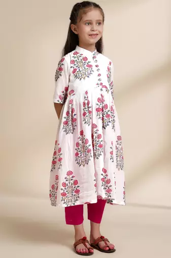 White printed cotton kurta set