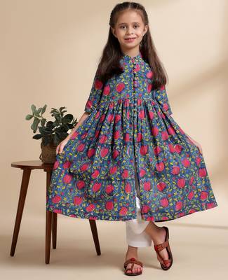 Blue printed cotton kurta set 1