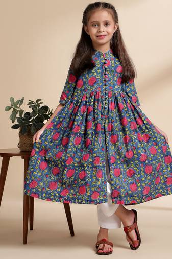 Blue printed cotton kurta set