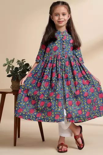 Blue printed cotton kurta set