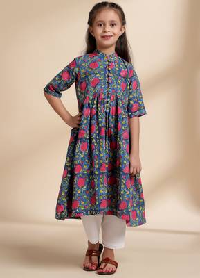 Blue printed cotton kurta set 2