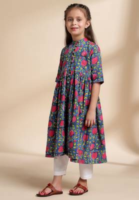Blue printed cotton kurta set 3