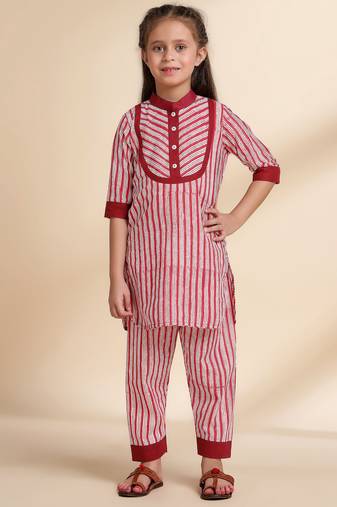 Red Stripes printed cotton kurta set