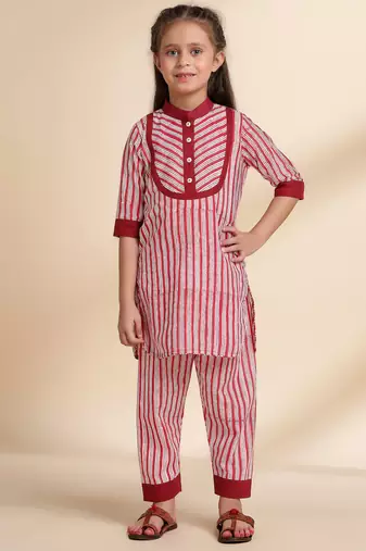 Red Stripes printed cotton kurta set