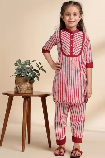 Red Stripes printed cotton kurta set