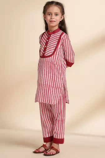Red Stripes printed cotton kurta set