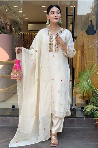 Women's Gorgeous Chinon Fabric Embroidery Work Straight Kurta Pant and Dupatta Set