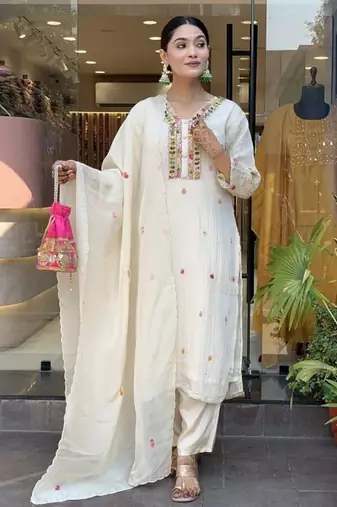 Women's Gorgeous Chinon Fabric Embroidery Work Straight Kurta Pant and Dupatta Set