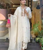 Women's  Chinon Embroidery Work Straight Kurta Pant and Dupatta Set