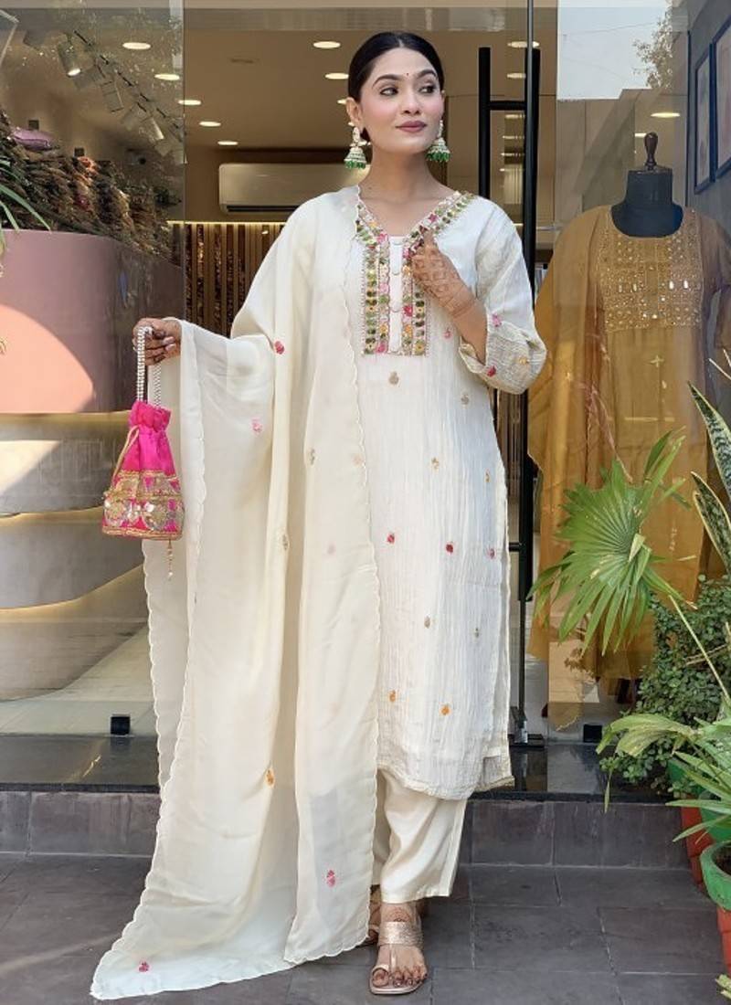 Women's Gorgeous Chinon Fabric Embroidery Work Straight Kurta Pant and Dupatta Set