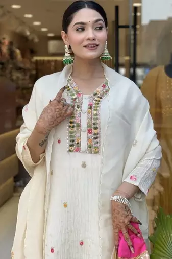 Women's  Chinon Embroidery Work Straight Kurta Pant and Dupatta Set