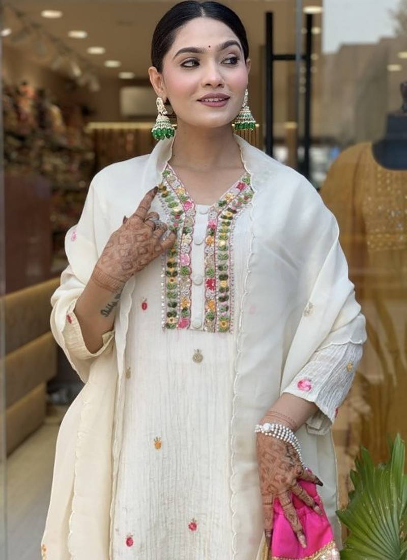 Women's Gorgeous Chinon Fabric Embroidery Work Straight Kurta Pant and Dupatta Set