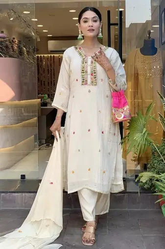 Women's  Chinon Embroidery Work Straight Kurta Pant and Dupatta Set